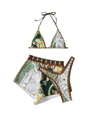 Euro Summer Printed Triangle Bikini Set with Matching Mesh Shorts size S NWOT